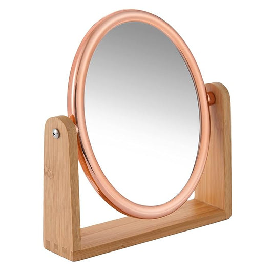 YEAKE Double Sided 10X Magnifying Makeup Mirror with Bamboo Stand,Small Desk Table Mirror with 360° Rotation,Standing Portable Cosmetic Mirror,Good for Tabletop,Traveling(Rose Gold,Oval)