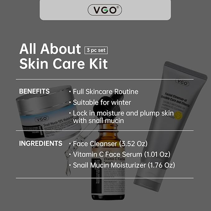 VGO Skin Care Set, with Snail Mucin 92% Moisturizer 1.76 Oz, Vitamin C Serum 1.01 Oz & Dual-Tube Facial Cleanser 3.52 Oz, Daily Routine Kit for Sensitive Skin, Vegan & Cruelty Free