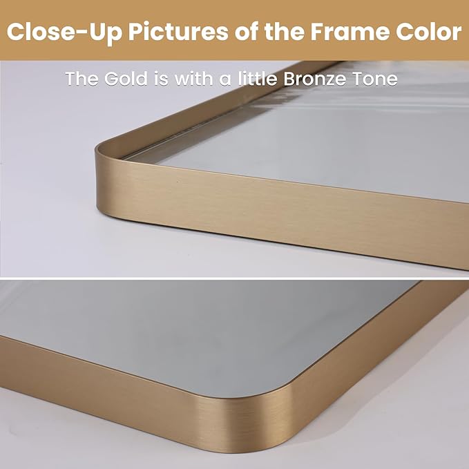 LOAAO 40”X36” Gold Bathroom Mirror, Rounded Rectangle Gold Frame Mirror, Brushed Gold Bathroom Vanity Mirror Wall-Mounted, Anti-Rust, Tempered Glass, Hangs Horizontally or Vertically