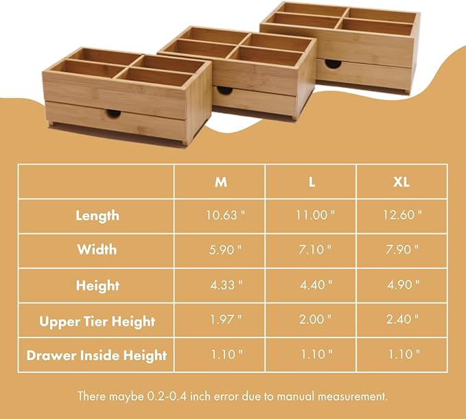 GOBAM Bamboo Makeup Organizer and Storage with Drawer, Wooden Cosmetic Organizer Countertop for Bathroom, Bedroom, Kitchen & Dresser, Desk Organizer with Drawers and Make up Vanity Station - Medium