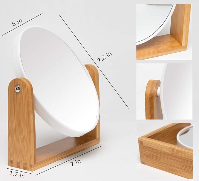 YEAKE Vanity Makeup Mirror with Natural Bamboo Stand, 8 Inch Double Sided 3X Magnification Swivel Mirror for Bathroom & Desk