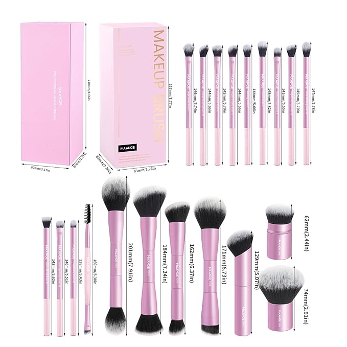 MAANGE 20 Pcs Makeup Brushes with Gift Box, Double-End Multi-functional Makeup Brushes for Blending Liquid Powder Concealer Cream Blush Buffe,Pink