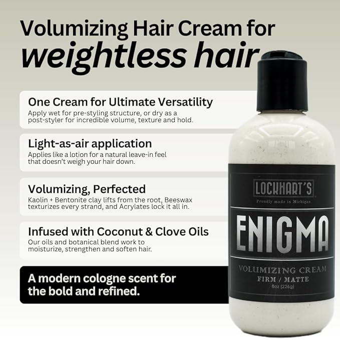 Lockhart’s Enigma Matte Cream Clay – Hair Styling Cream for Men – Firm, Long-Lasting Hold, Natural Matte Finish – Kaolin & Bentonite Clay for Volume and Texture – Nourishing Beeswax Formula (8.0 oz)