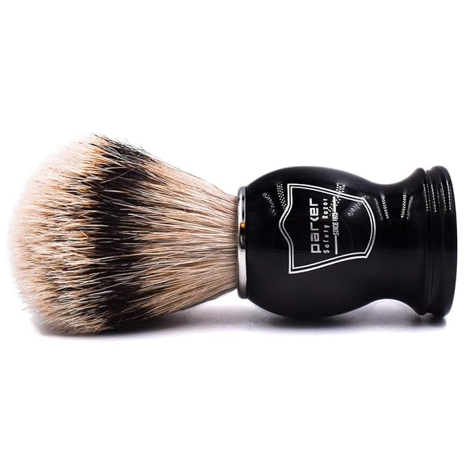 Parker Silvertip Badger Shaving Brush with Resin Handle & Resin Stand | 22mm Soft Knot for Rich Lather | Handcrafted Brush for Shave Cream or Soap | Premium Wet Shaving Accessory | Iconic Brand