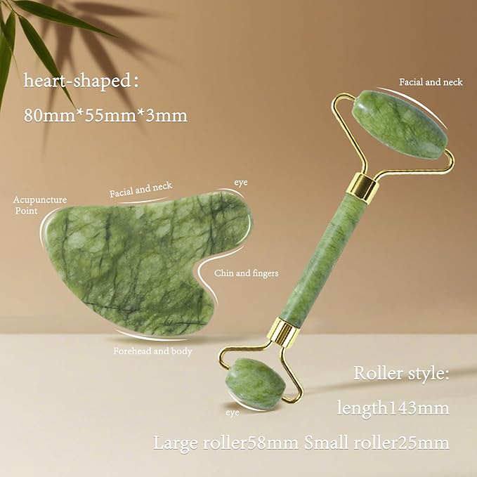 Natural Jade Roller & Gua Sha Set for Face, Facial Massager Tool for Skin Tightening, Anti-Aging, Puffiness Relief, Lymphatic Drainage - Spa Skincare Gift Set for Women