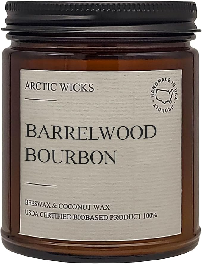 Arctic Wicks Scented Coconut Beeswax Candles | Coconut Beeswax Non Toxic Candle 9oz Amber | Farmhouse Candles Non-Toxic Clean Burn 100% USDA Certified Biobased (Barrelwood Bourbon)