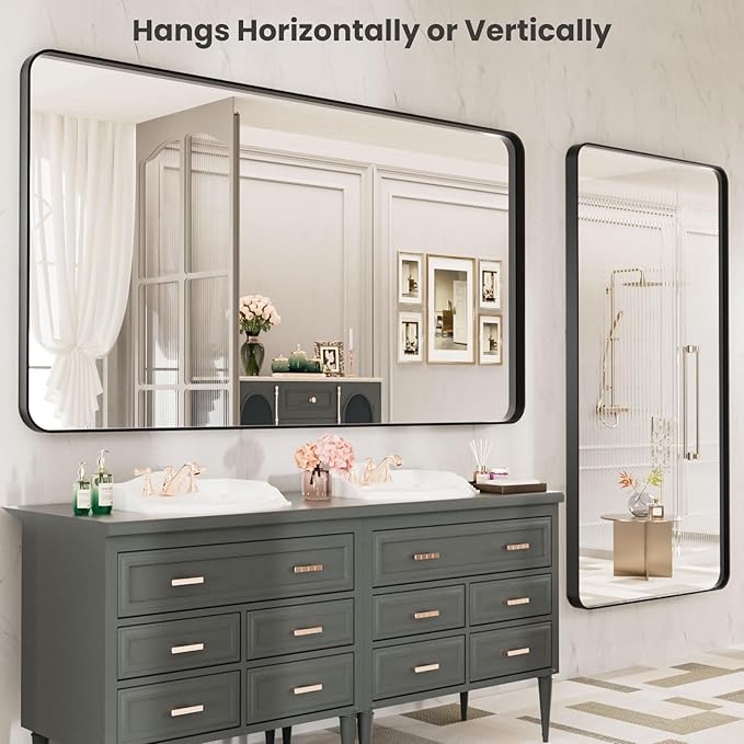LOAAO Black Metal Framed Bathroom Mirror for Wall, Large 55X30 Inch Rounded Rectangle Mirror, Matte Black Bathroom Vanity Mirror Farmhouse, Anti-Rust, Tempered Glass, Hangs Horizontally or Vertically