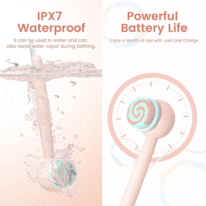 Electric Back Scrubber for Shower Body Brush, Waterproof Shower Body Scrubber for Cleansing, Massaging, Rechargeable Spinning Bath Brush for Kids with 2 Heads & 3 Speed Modes, Berry Pink XY0