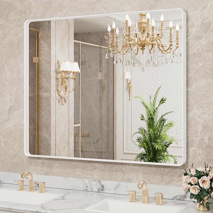 LOAAO 48x40 Inch White Metal Framed Bathroom Mirror for Wall, Large Rounded Rectangle Mirror, Anti-Rust, Tempered Glass, Hangs Horizontally or Vertically