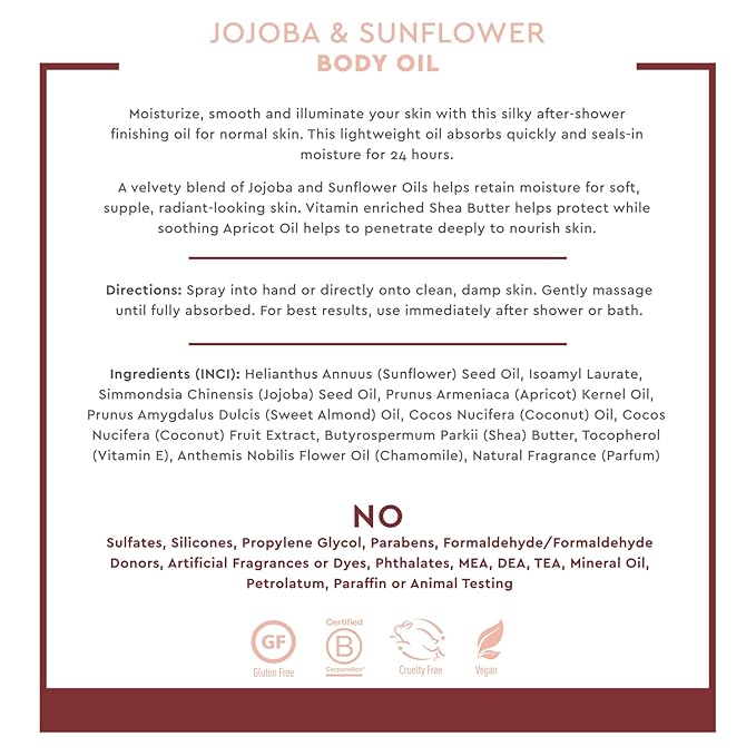 Desert Essence, Jojoba & Sunflower Body Oil Spray, 8.28 fl. oz. - Gluten-Free, Vegan, Cruelty Free - 24hour Moisture, Soothes Skin, Perfect for Sensitive Skin, Illuminating Body Spray