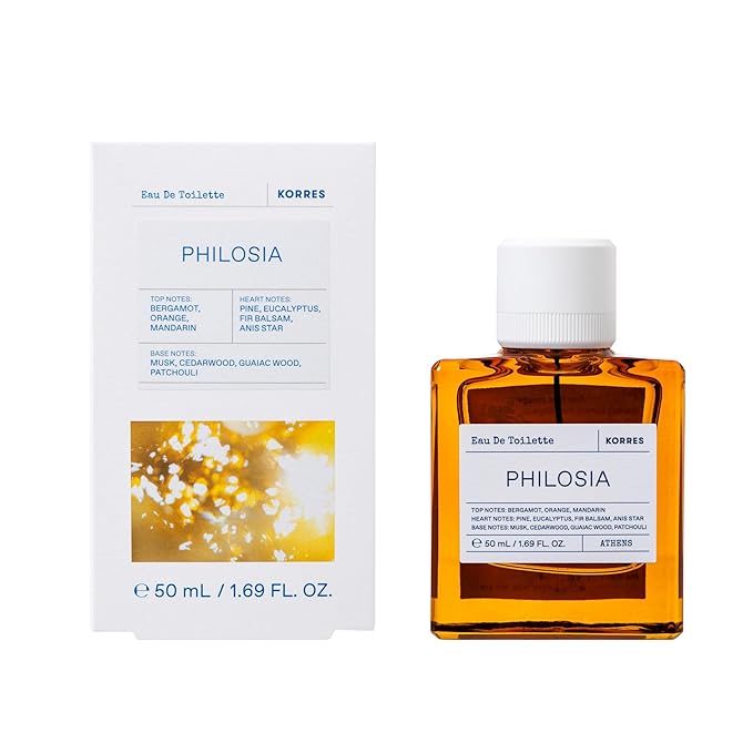 KORRES Philosia Eau de Toilette Spray, Bergamot Orange Mandarin Top, Pine Eucalyptus Fir Balsam Heart, Musk Cedarwood Guaiac Wood Patchouli Base, Woody Aromatic Fruity Scent, Unisex, Vegan, 1.69 Fl Oz