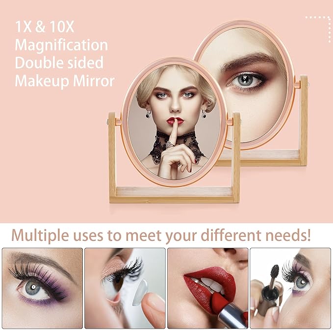 YEAKE Double Sided 10X Magnifying Makeup Mirror with Bamboo Stand,Small Desk Table Mirror with 360° Rotation,Standing Portable Cosmetic Mirror,Good for Tabletop,Traveling(Rose Gold,Oval)