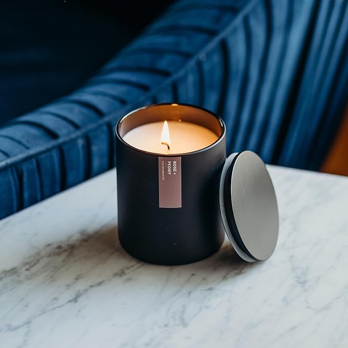 Calyan Wax Co. Rose & Peony Scented Candle - 75 Hour Burn - Luxury Non Toxic Soy Wax Candles - Long Lasting Black Tumbler Jar Candle for Home - 10.2oz