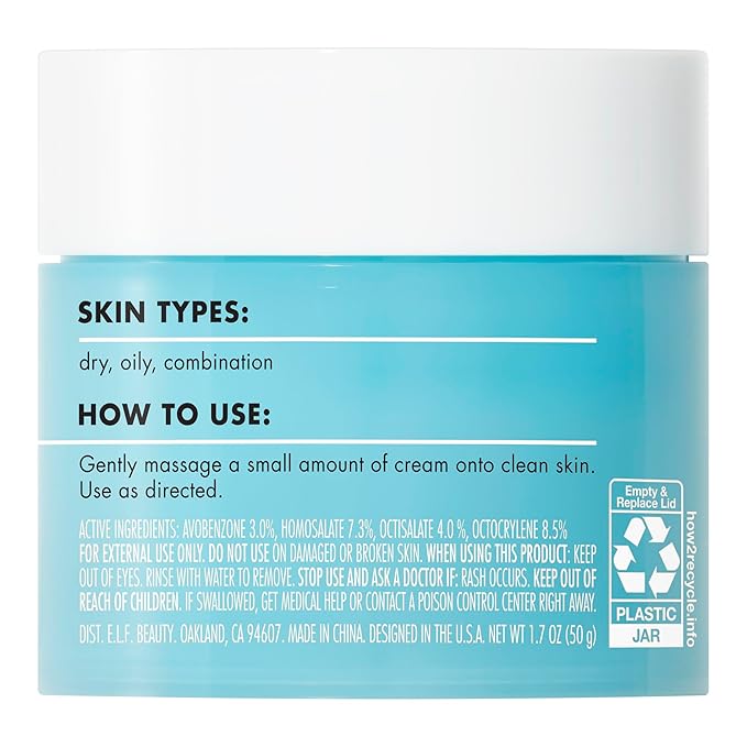 e.l.f. SKIN Holy Hydration! Face Cream - Broad Spectrum SPF 30 Sunscreen, Moisturizes & Softens Skin, Quick-Absorbing & Ultra-Hydrating, 1.7 Oz (50g)