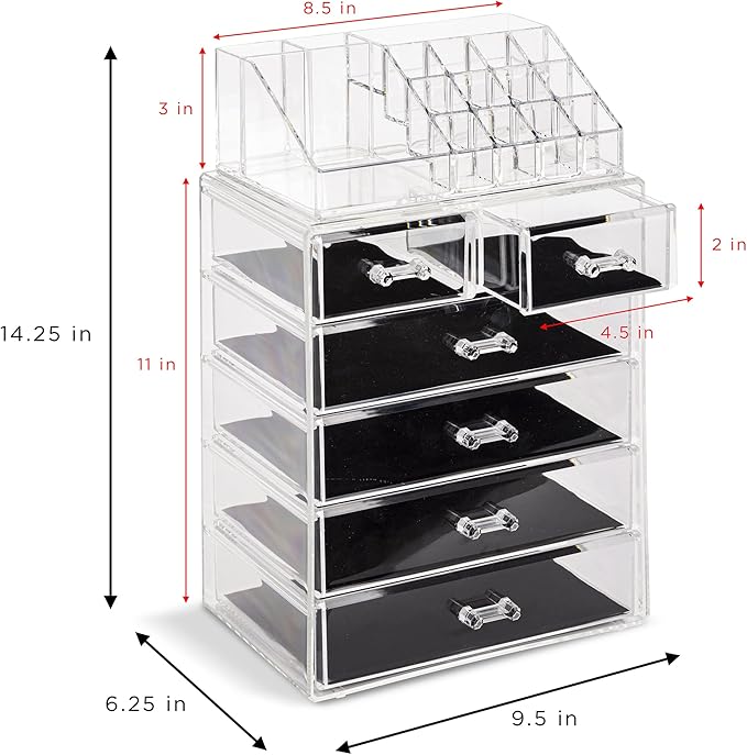 Sorbus Acrylic Makeup Organizer Set, 6-Drawer Vanity & Countertop Cosmetic Storage with Small & Wide Compartments, Clear Makeup Storage for Brushes, Lipsticks, Jewelry – Holiday Gift for Women & Teens