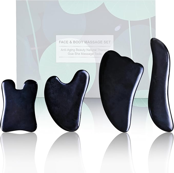 Rena Chris Guasha Massage Tool, 4 Pcs Gua Sha Facial Tool, Guasha Board for SPA Acupuncture Therapy Trigger Point Treatment, Gua Sha Scraping Massage Tool（Black）