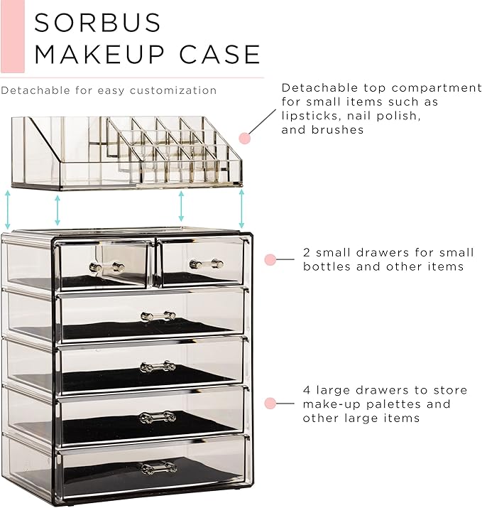 Sorbus Acrylic Makeup Organizer Set, 6-Drawer Vanity & Countertop Cosmetic Storage with Small & Wide Compartments, Black-Tint Makeup Storage for Brushes, Jewelry – Holiday Gift for Women & Teens