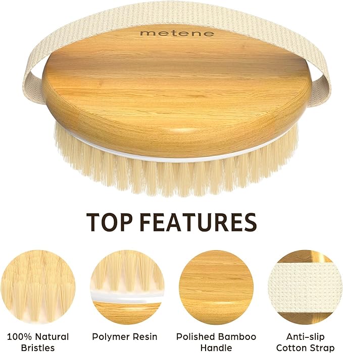 Metene 2 Pack Bamboo Dry Body Brushes, Shower Brush Wet and Dry Brushing, Dry Brush for Cellulite and Lymphatic, Body Scrubber with Soft and Stiff Bristles, Suitable for All Kinds of Skin