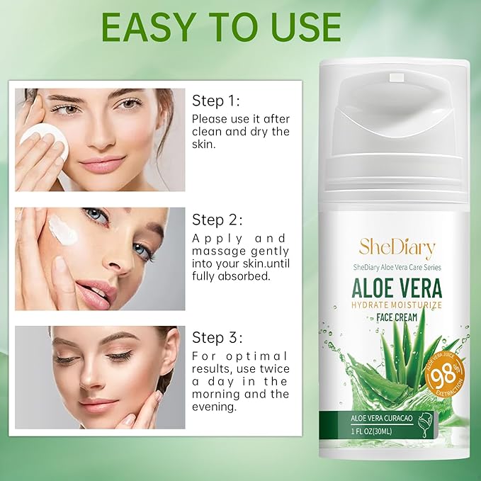 SheDiary Natural Aloe Vera Face Cream for Acne-Prone Skin - Plant-Based Formula to Hydrate, Firm, and Brighten Dull & Aging Skin 30ml