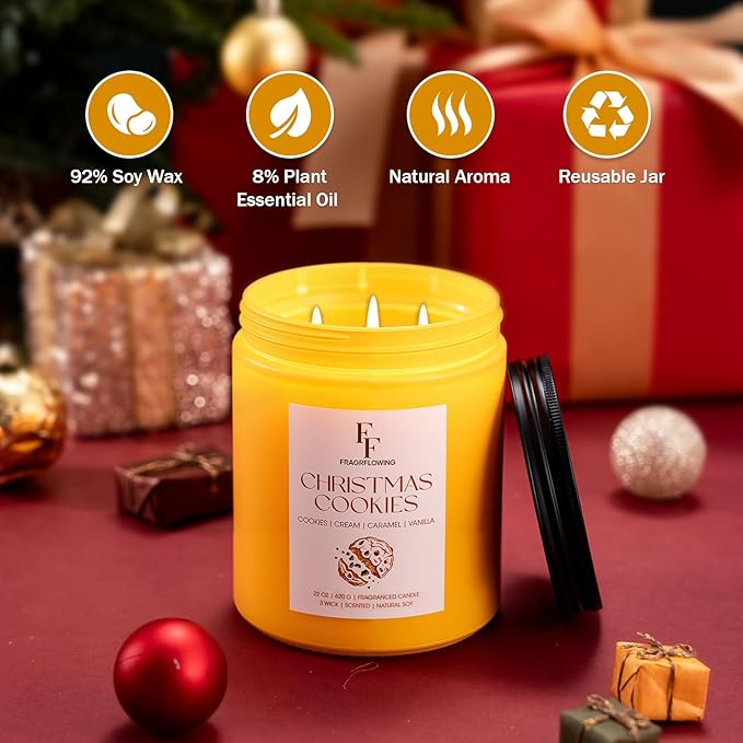 Large Christmas Candle Christmas Cookies Scented, 3-Wick 22oz Long Lasting Scented Candle, Natural Soy Wax Aromatherapy Candle for Home, Holiday Candle Gifts for Women Men