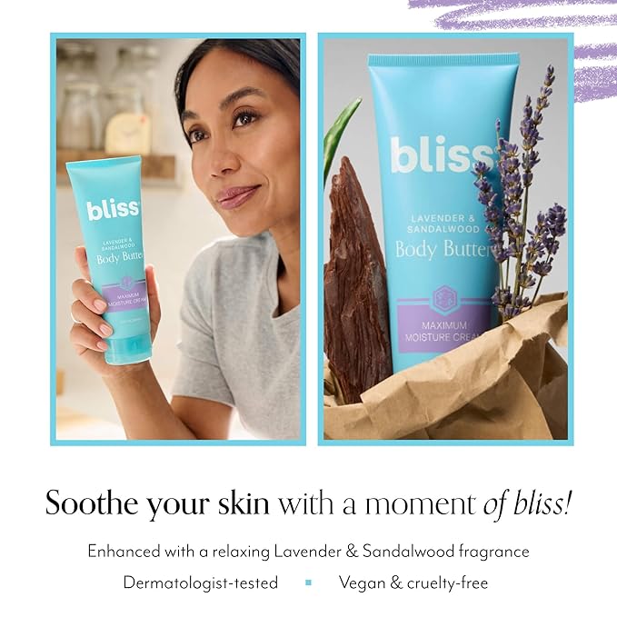 Bliss Body Butter - Lavender and Sandalwood - Maximum Moisture Cream - 6.7 Fl Oz - Body Lotion for Dry Skin - Long-Lasting Moisturizer for Women & Men - Vegan and Cruelty-Free