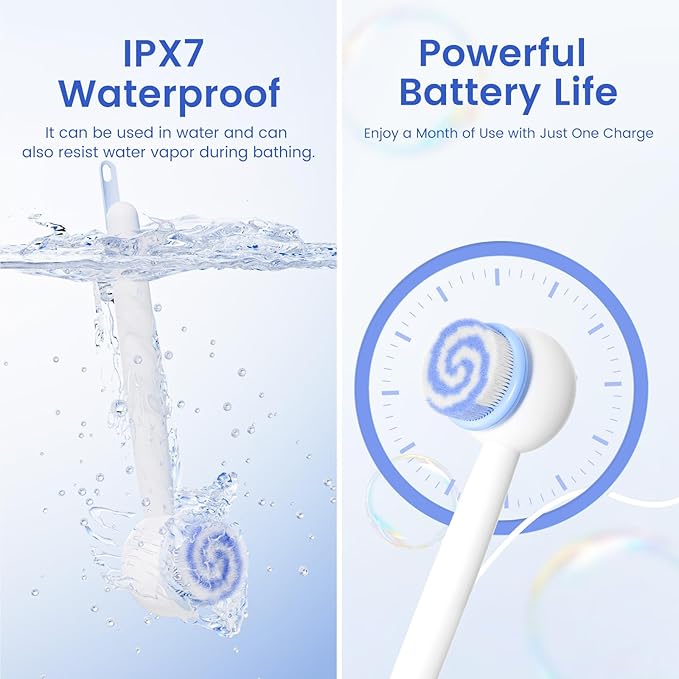 Electric Back Scrubber for Shower Body Brush, Waterproof Shower Body Scrubber for Cleansing, Massaging, Rechargeable Bath Brush for Kids with 2 Heads & 3 Speed Modes, Coconut Milk White XY0