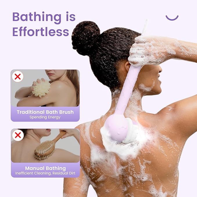 Electric Back Scrubber for Shower Body Brush, Waterproof Shower Body Scrubber for Cleansing, Massaging, Rechargeable Spinning Bath Brush for Kids with 2 Heads & 3 Speed Modes, Taro Purple XY0