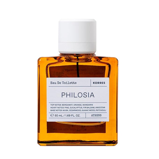 KORRES Philosia Eau de Toilette Spray, Bergamot Orange Mandarin Top, Pine Eucalyptus Fir Balsam Heart, Musk Cedarwood Guaiac Wood Patchouli Base, Woody Aromatic Fruity Scent, Unisex, Vegan, 1.69 Fl Oz