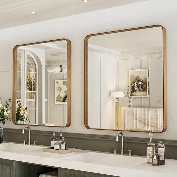 LOAAO 20X16 Inch Bathroom Mirror with Wood Grain Colored Metal Frame, Rounded Rectangle Metal Framed Bathroom Mirror, Anti-Rust, Hangs Horizontally or Vertically