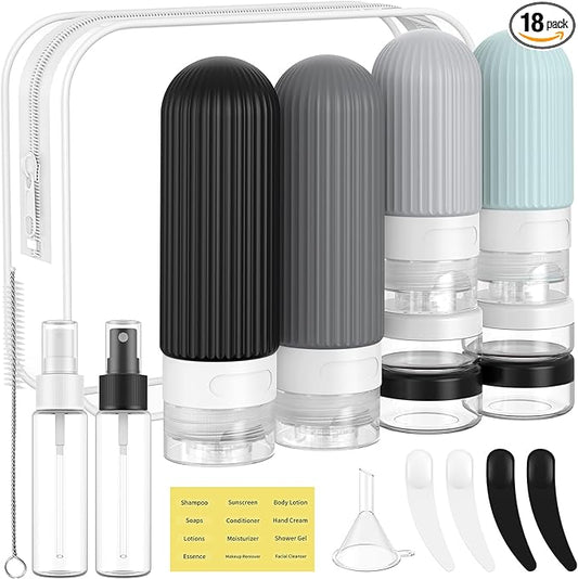 ME.FAN 18 Pack Travel Bottles for Toiletries, TSA Approved Silicone Portable Size Bottle, Refillable Cosmetic Container Kits for Conditioner, Shampoo, Lotion,Face Cream - Grey