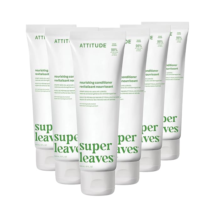 ATTITUDE Nourishing Hair Conditioner, For Dry and Damaged Hair, Naturally Derived Ingredients, Vegan Detangler, Dermatologically Tested, Grapeseed Oil and Olive Leaves, 8 Fl Oz (Pack of 6)
