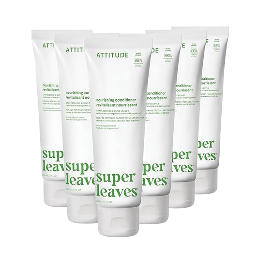 ATTITUDE Nourishing Hair Conditioner, For Dry and Damaged Hair, Naturally Derived Ingredients, Vegan Detangler, Dermatologically Tested, Grapeseed Oil and Olive Leaves, 8 Fl Oz (Pack of 6)
