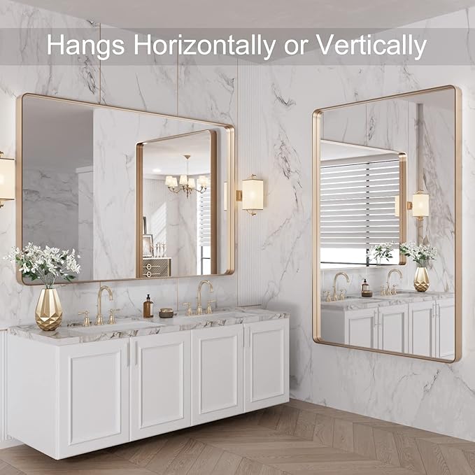LOAAO 48”X32” Gold Bathroom Mirror, Rounded Rectangle Gold Frame Mirror, Brushed Gold Bathroom Vanity Mirror Wall-Mounted, Anti-Rust, Tempered Glass, Hangs Horizontally or Vertically