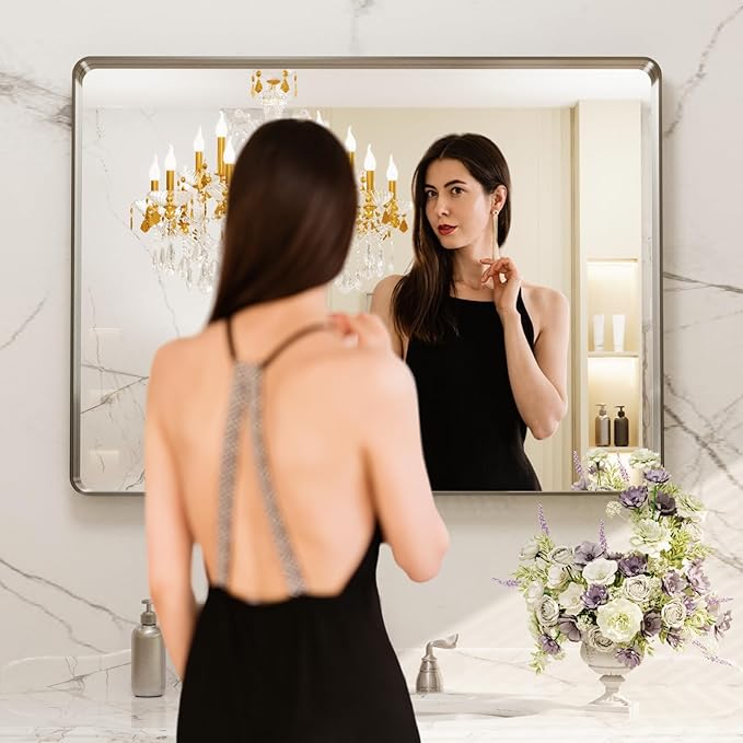 LOAAO 40X30 Inch Brushed Nickel Bathroom Mirror, Rounded Rectangle Silver Metal Frame Mirror, Brushed Nickel, Anti-Rust, Shatter Proof, Hangs Horizontally or Vertically