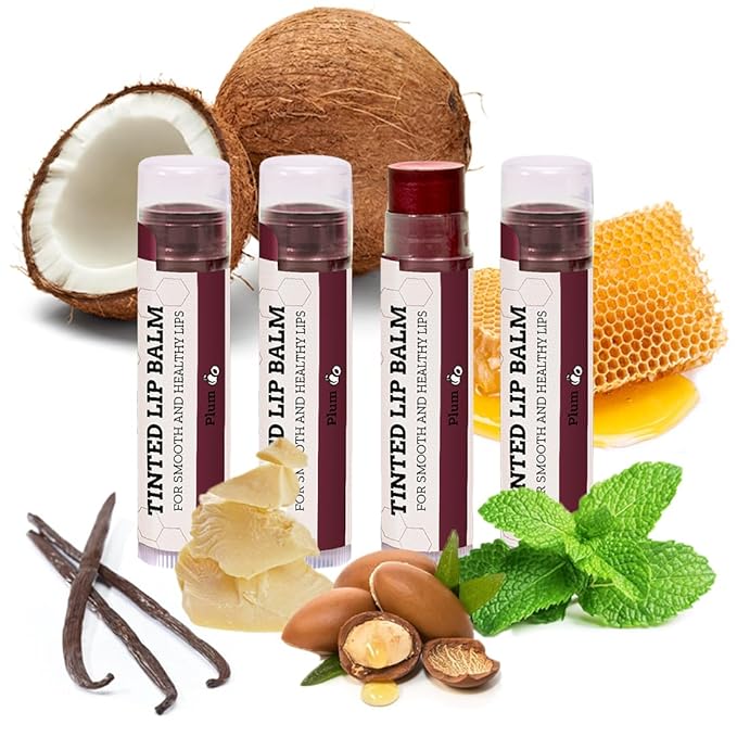 Earth's Daughter Tinted Lip Balm Stocking Stuffers 4 Pack of Plum Color - Beeswax, Coconut Oil, Cocoa Butter, Vitamin E -Moisturize and Beautify, Paraben Free