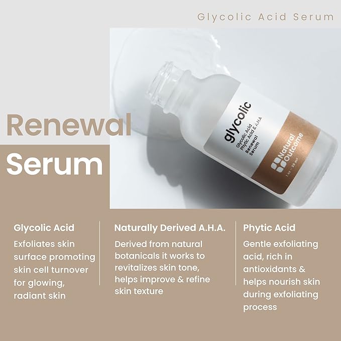 Natural Outcome Glycolic Acid/AHA 12% Renewal Serum | Anti-Aging Exfoliating Facial Serum | Increases Cell Turnover Leaving Behind Smoother Skin | Clarifies Acne and Rejuvenates Skin | 1 Oz