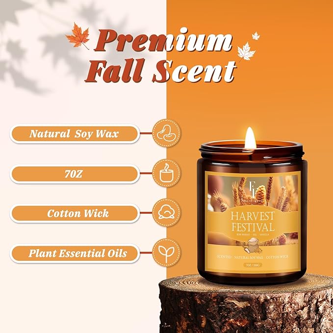 Fall Candle, Harvest Festival Scented Candles for Home, Natural Soy Autumn Candle Aromatherapy Candle, 7 oz Jar Candles Fall Gifts for Women Men