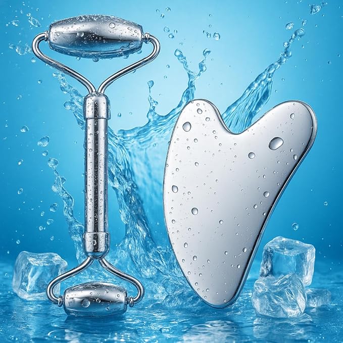 Stainless Steel Gua Sha and Face Roller Set Facial Massager Tools, Lymphatic Drainage Massager Metal Gua Sha Skin Self Care Gifts Face Sculpting Guasha for Body Eyes with Pouch(Silver)