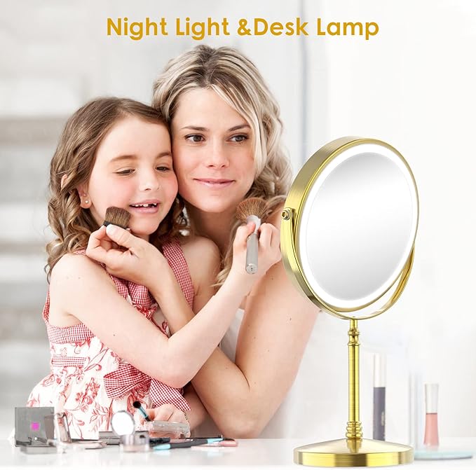 Lighted Makeup Mirror, 3000 mAh Rechargeable Double Sided Magnifying Vanity Mirror with 3 Colors, 1x/10x, 360° Rotation , Brightness Adjustable Magnification Cosmetic Light up Mirror, Women Gift