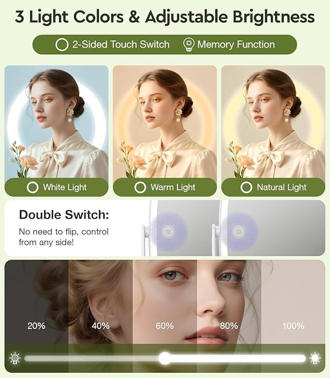 Height Adjustable Lighted Makeup Mirror with Lights and Magnification, 1X 20X Magnifying Mirror with Light 4000mAh Rechargeable, Tray Base and Phone Stand for Desk, Gifts for Women (White)