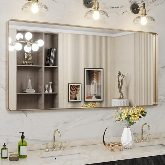 LOAAO 60”X28” Gold Bathroom Mirror, Rounded Rectangle Gold Frame Mirror, Brushed Gold Bathroom Vanity Mirror Wall-Mounted, Anti-Rust, Tempered Glass, Hangs Horizontally or Vertically