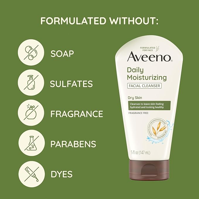 Aveeno Daily Moisturizing Facial Cleanser for Dry Skin, Hydrating Acne Face Wash with Soothing Oat for soft & Supple Skin, Free of Parabens, Sulfates, Fragrance, Dyes & Soaps, 5 fl. oz, 3 Pack