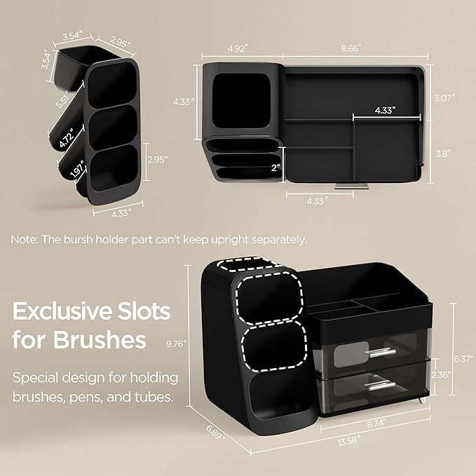 HBlife Makeup Organizer with Brush Holder for Vanity, Large Plastic Bathroom Countertop Organizer Cologne Organizer for Men, Easy to Store Lipsticks, Nail Polishes, Perfumes, Eyeshadow Palettes, Black