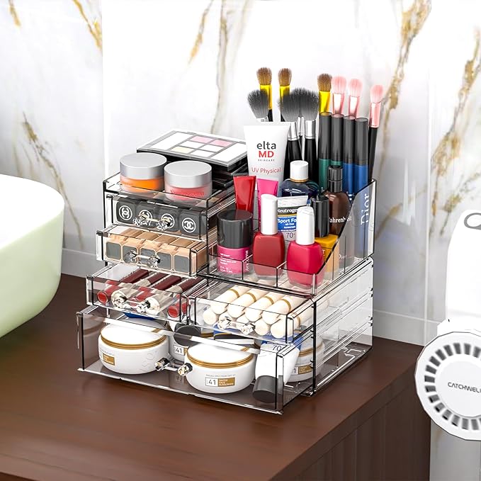 Cq acrylic Clear Make up Organizers for Vanity,Skincare Organizer With 5 Drawers for Dresser,Plastic Cute Desk Accessories Organization and Bathroom Organizers Storage Case Box for Beauty,Skin Care