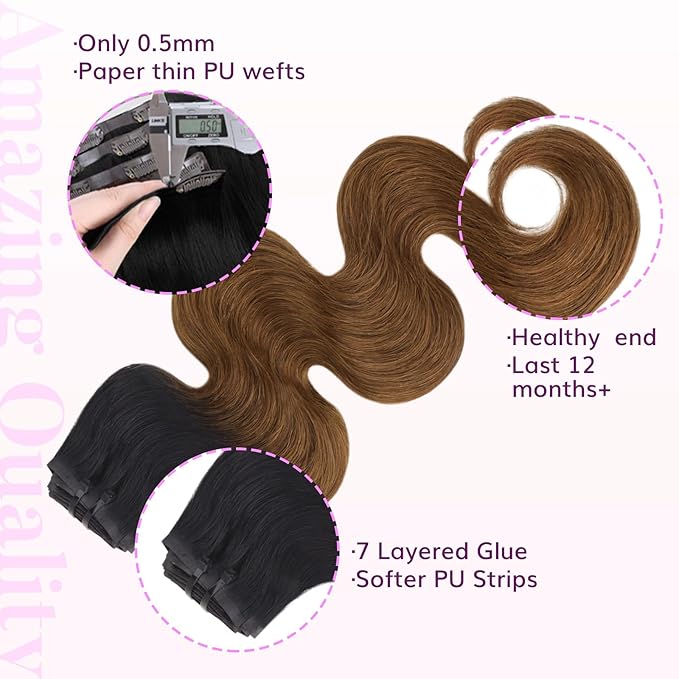 IDN BEAUTY Seamless Clip In Hair Extensions Human Hair 1B/30 Ombre Natural Black to Medium Auburn Body Wave Seamless Clip Ins For Black Women PU Weft Invisible Edge Thick Ends 120g 22 Inch 7pcs