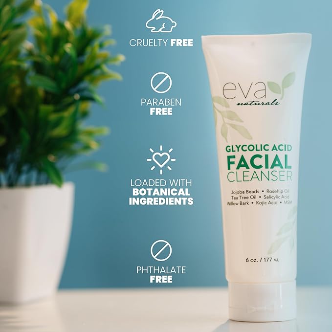 Eva Naturals Glycolic Acid Facial Cleanser – Exfoliating Face Wash with Salicylic Acid, Tea Tree & Vitamin E for Acne, Blackheads, Dark Spots, Wrinkles & Smooth, Clear, Radiant Skin Care - 6 Fl Oz