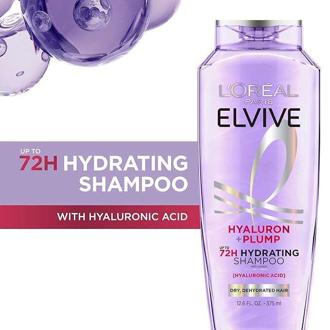 L'Oreal Paris Elvive Hyaluron Plump Hydrating Shampoo for Dehydrated, Dry Hair Infused with Hyaluronic Acid Care Complex, Paraben-Free, 12.6 Fl Oz