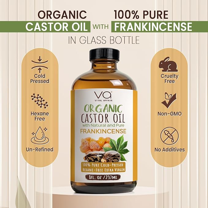 Organic Castor & Frankincense Oil Blend - 100% Pure and Natural, Cold Pressed, Unrefined Glass Bottle Castor and Frankincense Oil For Face & Hair Growth - 8oz