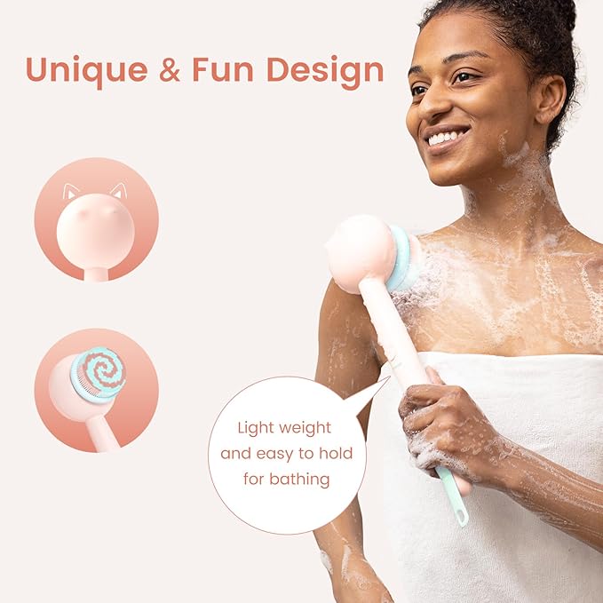 Electric Back Scrubber for Shower Body Brush, Waterproof Shower Body Scrubber for Cleansing, Massaging, Rechargeable Spinning Bath Brush for Kids with 2 Heads & 3 Speed Modes, Berry Pink XY0