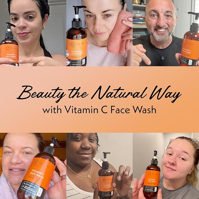 Vitamin C Cleanser Face Wash - HUGE 8 oz Gentle Facial Cleansing Gel for Uneven Skin Tone, Age Spots and Fine Lines - Natural Face Soap with Aloe Vera, Green Tea, Ginseng